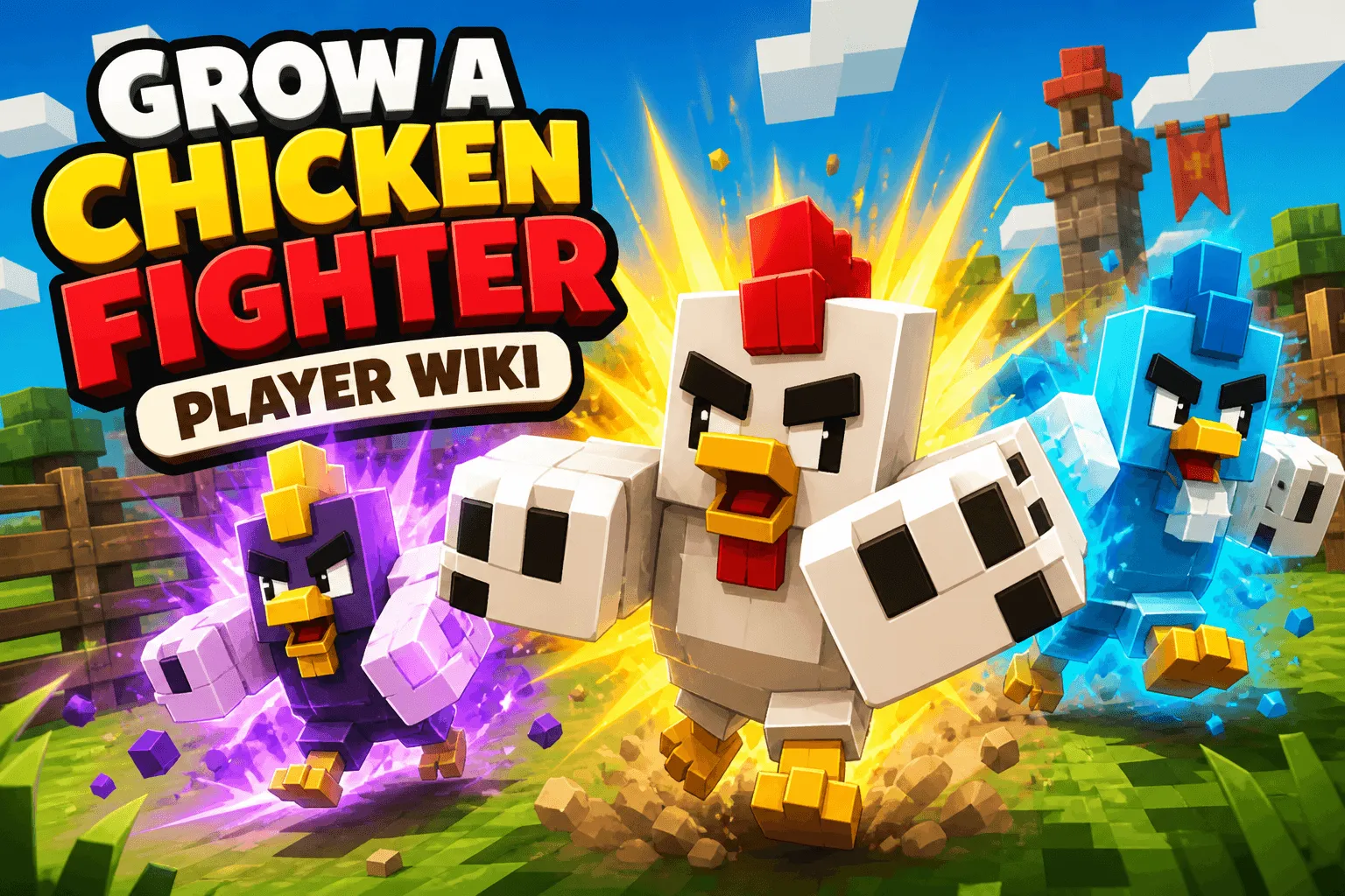 Three original blocky chicken fighters charging through a colorful farm arena